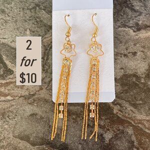 Shooting Star Earrings w/Trail of Dangling Goldtone Rhinestone Tassles